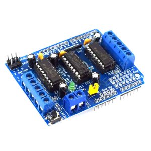 Shield controlador de motores L293D para Arduino con bornes M1–M4 y salidas de servos.