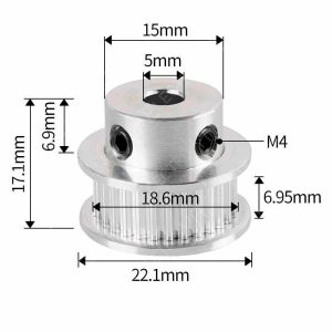 Polea GT2 30T, agujero 5 mm, ancho 6 mm y altura 17,1mm