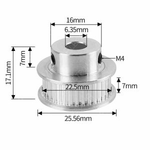 Polea GT2 36T, agujero 6,35 mm (1/4"), ancho 6 mm y altura 17,1mm