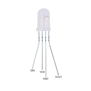 LED RGB direccionable APA106-F5 de 5 mm, encapsulado difuso con cuatro patillas DIN, VDD, GND y DOUT.