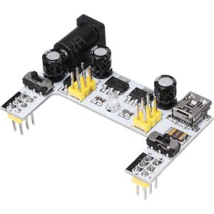 Módulo fuente MB102 blanco para protoboard con entrada USB y jack DC, dos canales seleccionables a 3,3 V o 5 V.