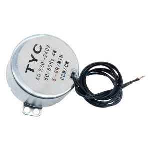 Motor síncrono TYC-50 AC 220V 4W 5-6 rpm con cuerpo metálico redondo y eje frontal de 7 mm.
